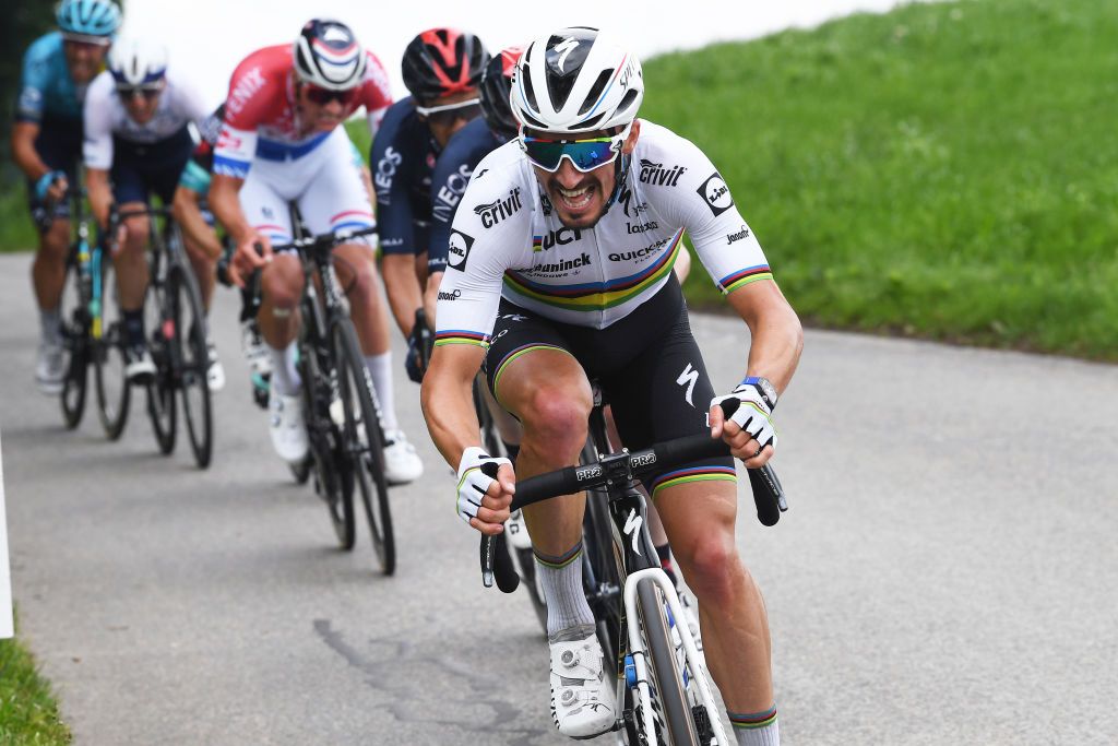 PFAFFNAU SWITZERLAND JUNE 08 Julian Alaphilippe of France and Team Deceuninck QuickStep attacks during the 84th Tour de Suisse 2021 Stage 3 a 185km stage from Lachen to Pfaffnau 509m UCIworldtour tds tourdesuisse on June 08 2021 in Pfaffnau Switzerland Photo by Tim de WaeleGetty Images