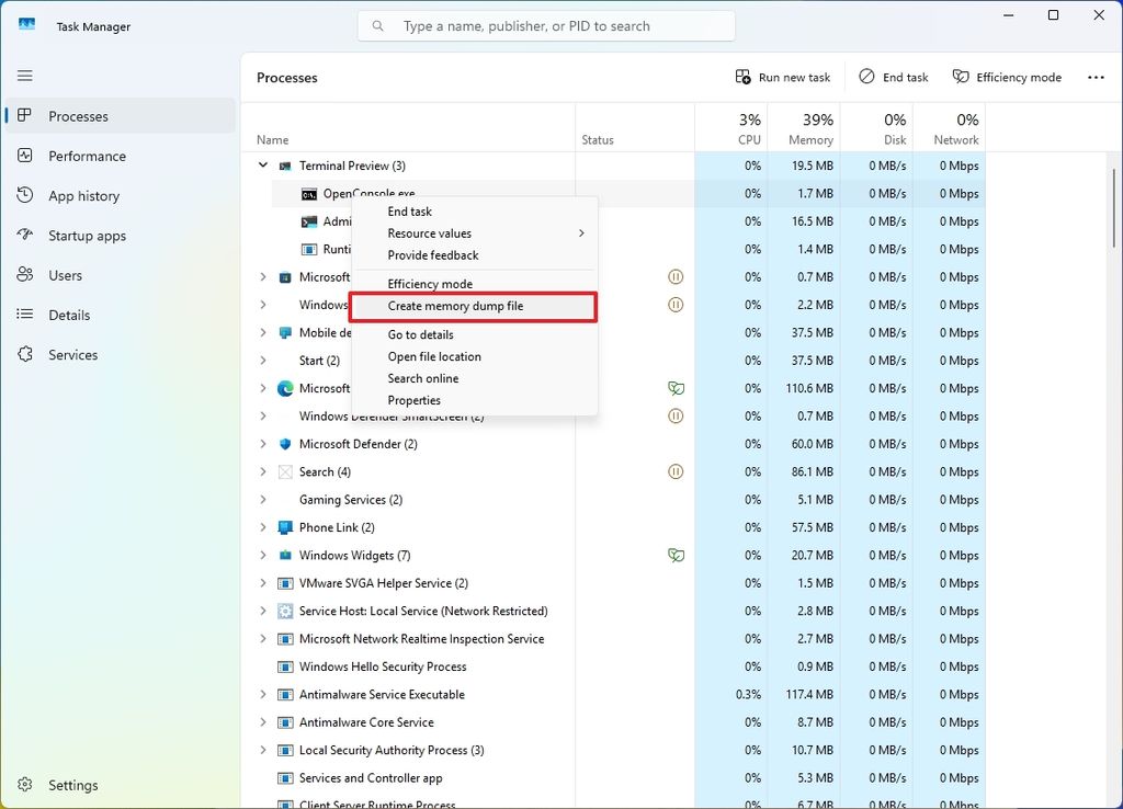 Task Manager create memory dump