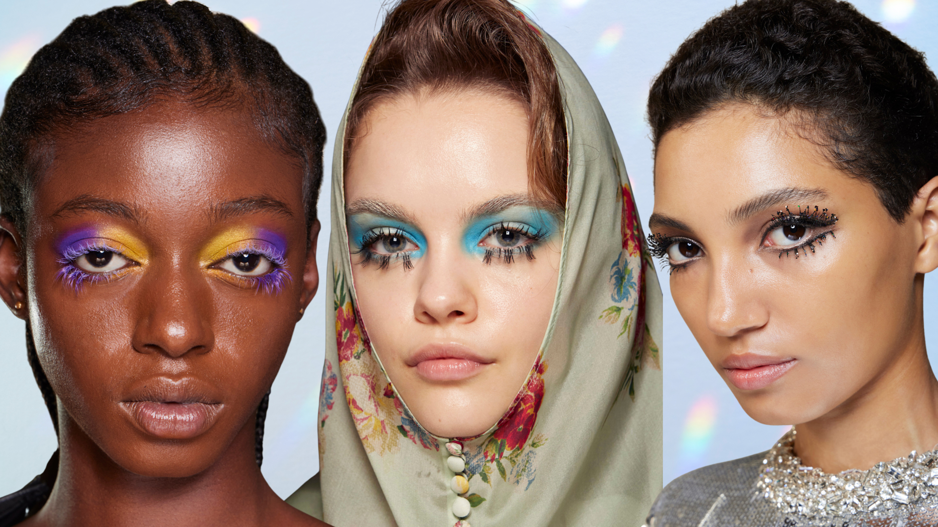 Three women with various fake eyelash styles in front of a pale blue background