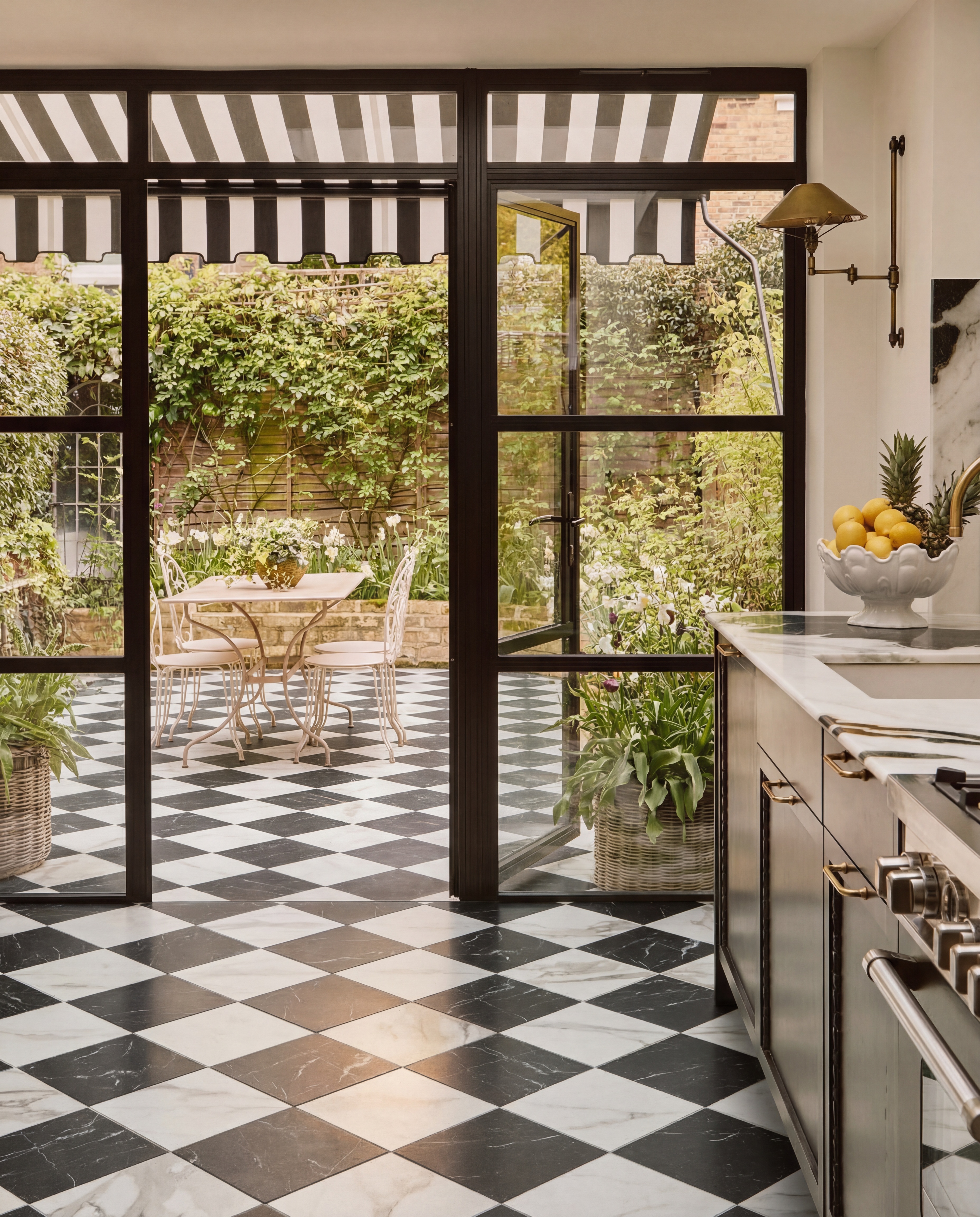 kitchen leading into a patio with checkerboard tiles running across both spaces
