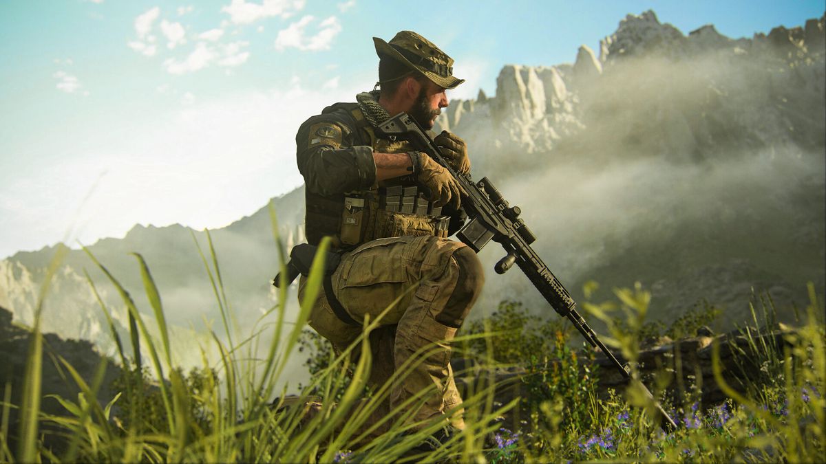 Captain Price kneels in a verdant field