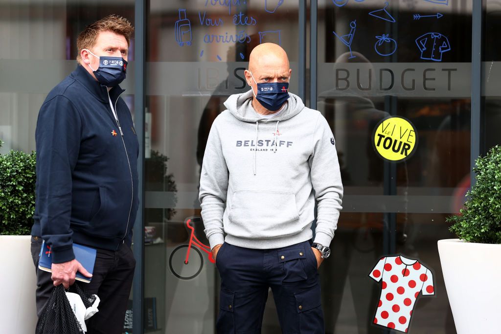 BREST FRANCE JUNE 25 Rod Ellingworth of The United Kingdom Director of Racing Sir Dave Brailsford of The United Kingdom Team Team manager of Team INEOS Grenadiers during the 108th Tour de France 2021 Team INEOS Grenadiers Training LeTour TDF2021 on June 25 2021 in Brest France Photo by Michael SteeleGetty Images