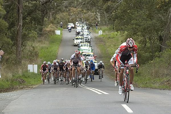 The lead group on a climb near Trentham on stage one.