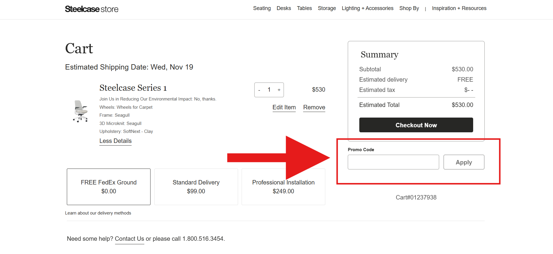 A screenshot of the Steelcase checkout page showing how to use a Steelcase promo code