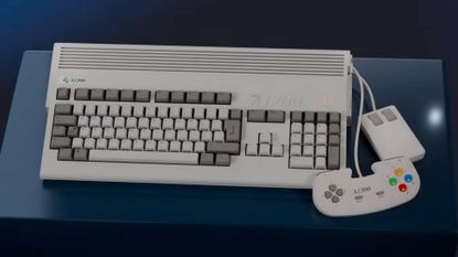 THEA1200 Amiga micrcomputer remake next to mouse and controller.