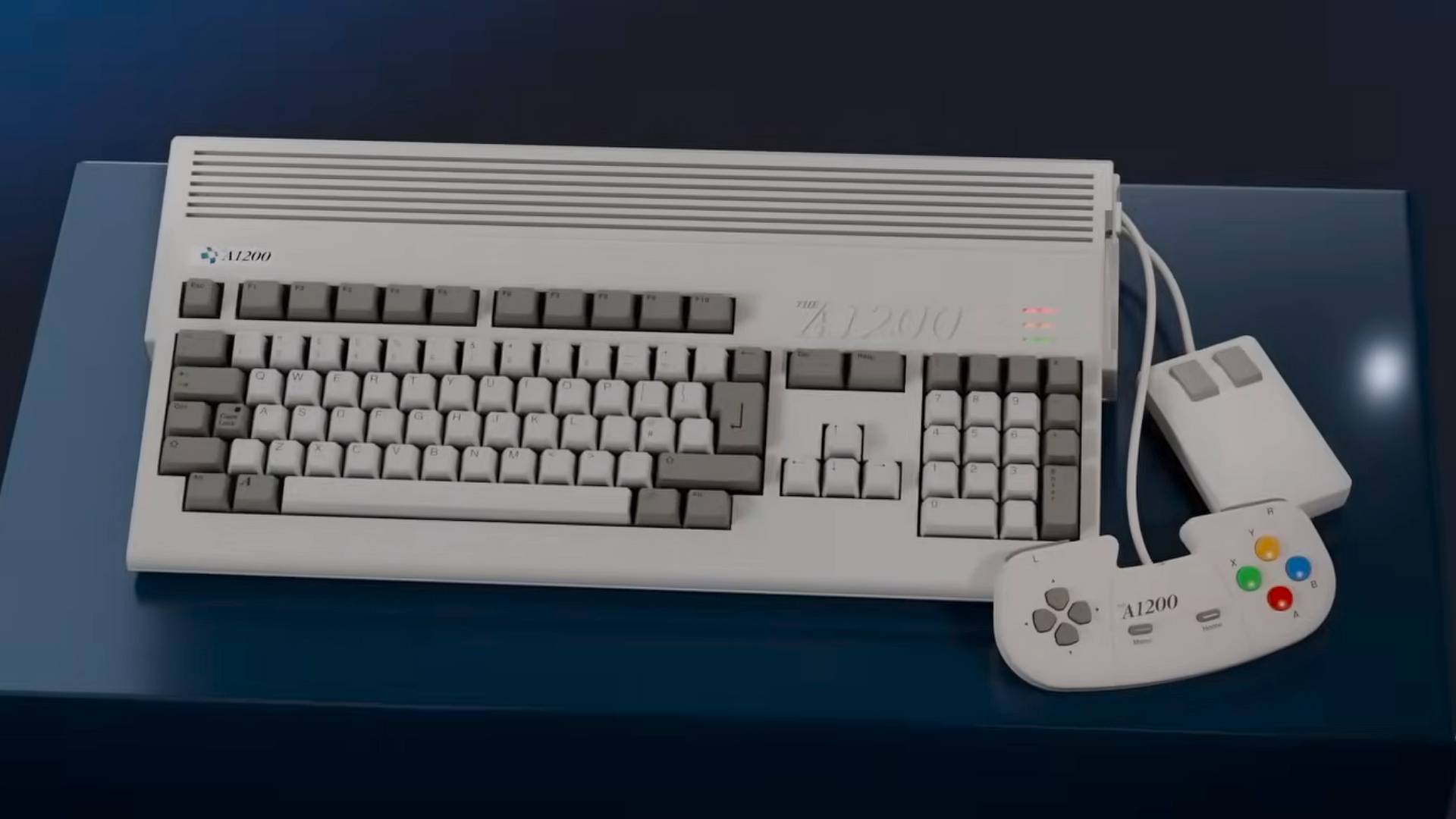 THEA1200 Amiga micrcomputer remake next to mouse and controller.