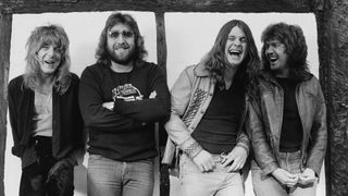 Ozzy Osbourne records his 'Blizzard of Ozz' album at Ridge Farm Studio, 1980. From left to right, guitarist Randy Rhoads, drummer Lee Kerslake, Ozzy Osbourne and bassist Bob Daisley.