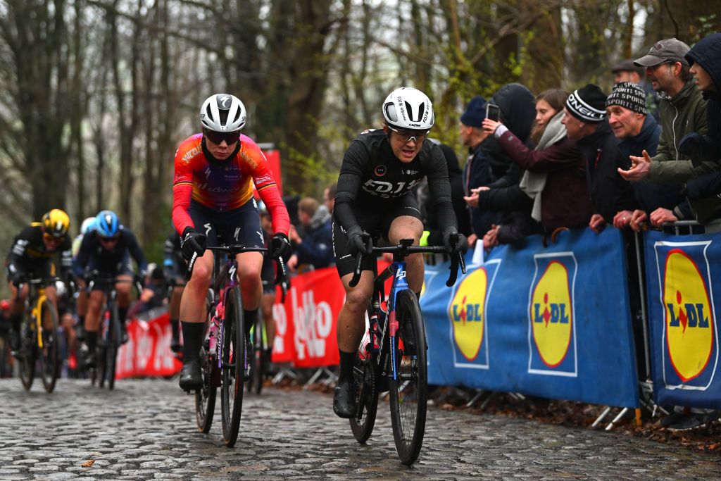 WEVELGEM BELGIUM MARCH 26 LR Lotte Kopecky of Belgium and Team SD Worx and Grace Brown of Australia and Team FDJSuez compete passing through a Kemmelberg cobblestones sector during the 12th GentWevelgem In Flanders Fields 2023 Womens Elite a 1625km one day race from Ypres to Wevelgem UCIWWT on March 26 2023 in Wevelgem Belgium Photo by Luc ClaessenGetty Images