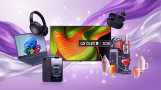 A collage of tech products from the latest Currys Epic Deals sale, including an LG TV, Acer laptop, Bose headphones, Sony earbuds, Ninja appliances and Apple iPhone