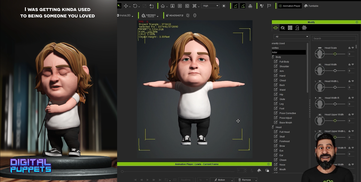 Animation of Lewis Capaldi in 3D software