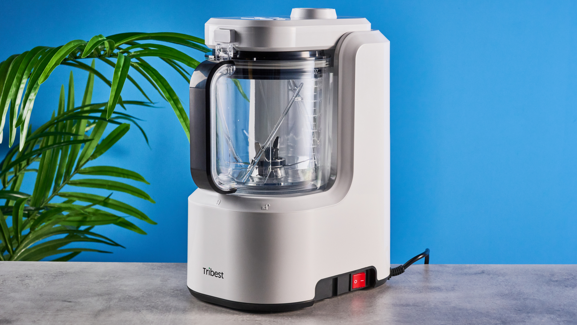 Tribest Backspin Blender photographed in front of a blue background