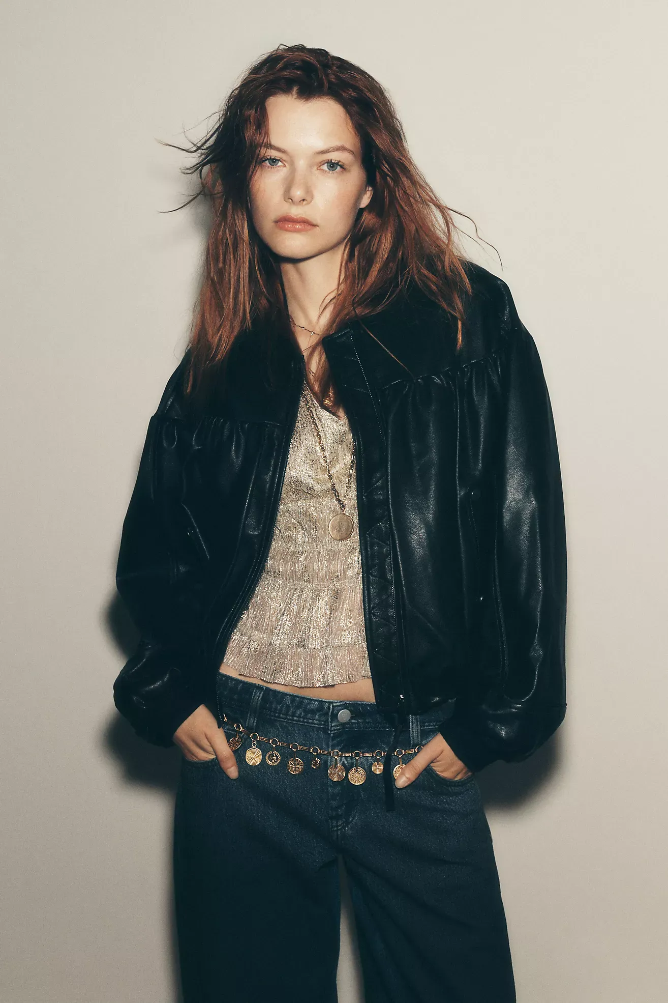 By Anthropologie Faux Leather Crop Bubble Bomber Jacket