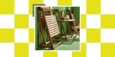 Three IKEA DJUPON Outdoor Folding Tables in a row with the center table opened out with bowls and a folding chair in front against a green background