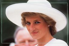 Princess Diana smiling and wearing a white hat