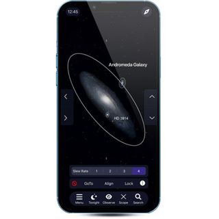 SkySafari 7 Pro displayed on a smartphone screen showing the Andromeda galaxy.