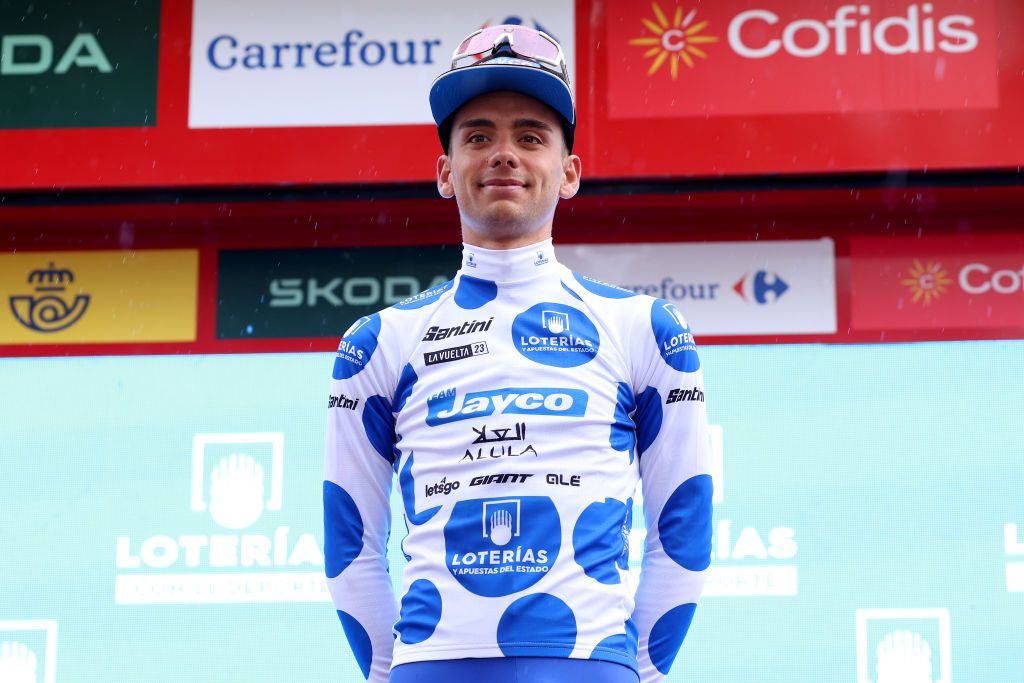 BARCELONA SPAIN AUGUST 27 Matteo Sobrero of Italy and Team Jayco AlUla celebrates at podium as Polka Dot Mountain Jersey winner during the 78th Tour of Spain 2023 Stage 2 a 1818km stage from Matar to Barcelona UCIWT on August 27 2023 in Barcelona Spain Photo by Alexander HassensteinGetty Images