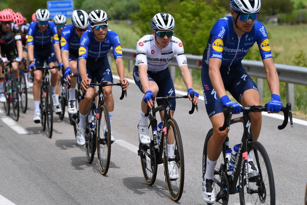 GUARDIA SANFRAMONDI ITALY MAY 15 Remco Evenepoel of Belgium and Team Deceuninck QuickStep White Best Young Rider Jersey during the 104th Giro dItalia 2021 Stage 8 a 170km stage from Foggia to Guardia Sanframondi 455m girodiitalia Giro UCIworldtour on May 15 2021 in Guardia Sanframondi Italy Photo by Tim de WaeleGetty Images