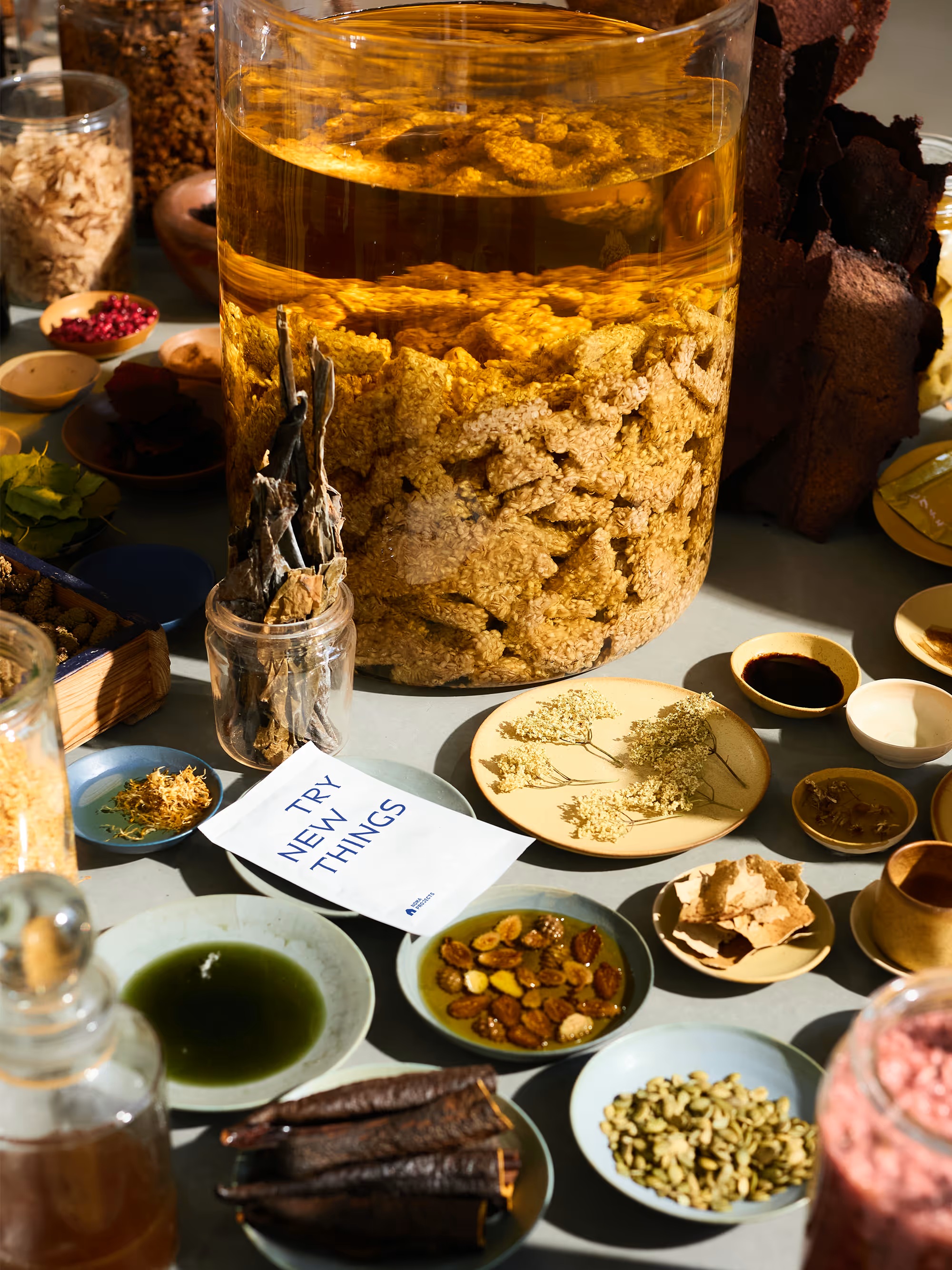 A series of spices and ingredients sit in jars and little plates in a beautifully lit scene, on one of the plate a white sheet of paper reads: "TRY NEW THINGS".