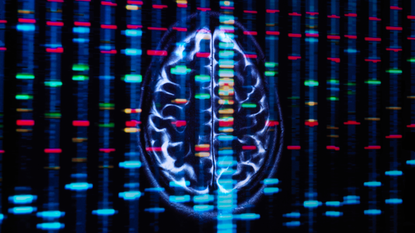 A brain scan overlapping a PCR test results.