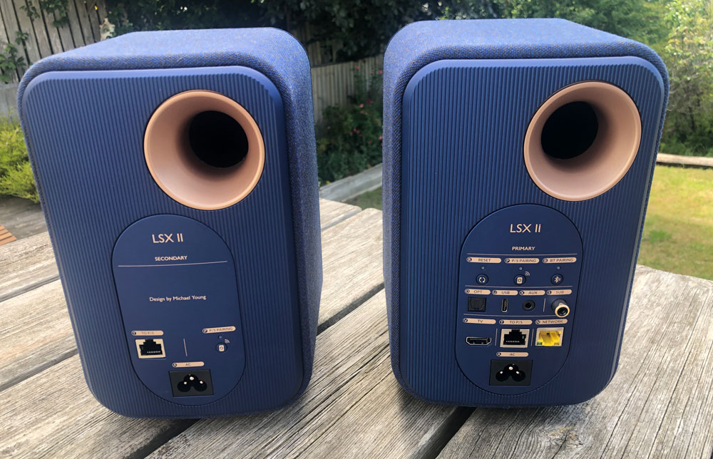 KEF LSX II speakers turned around so ports are visible