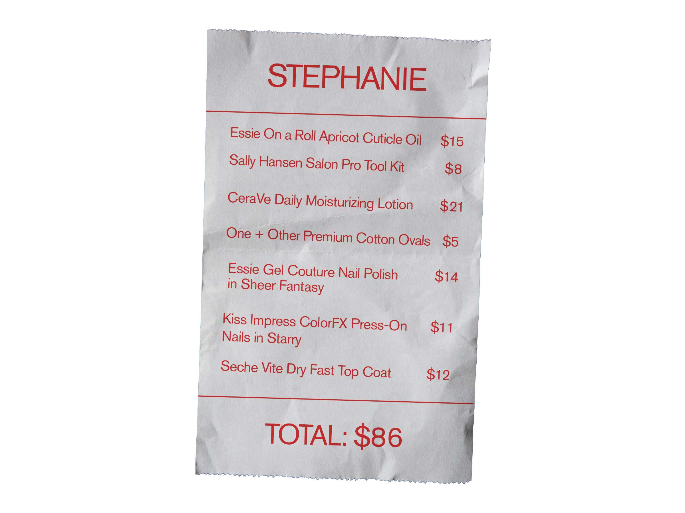 Steph Stone's drugstore shopping receipt