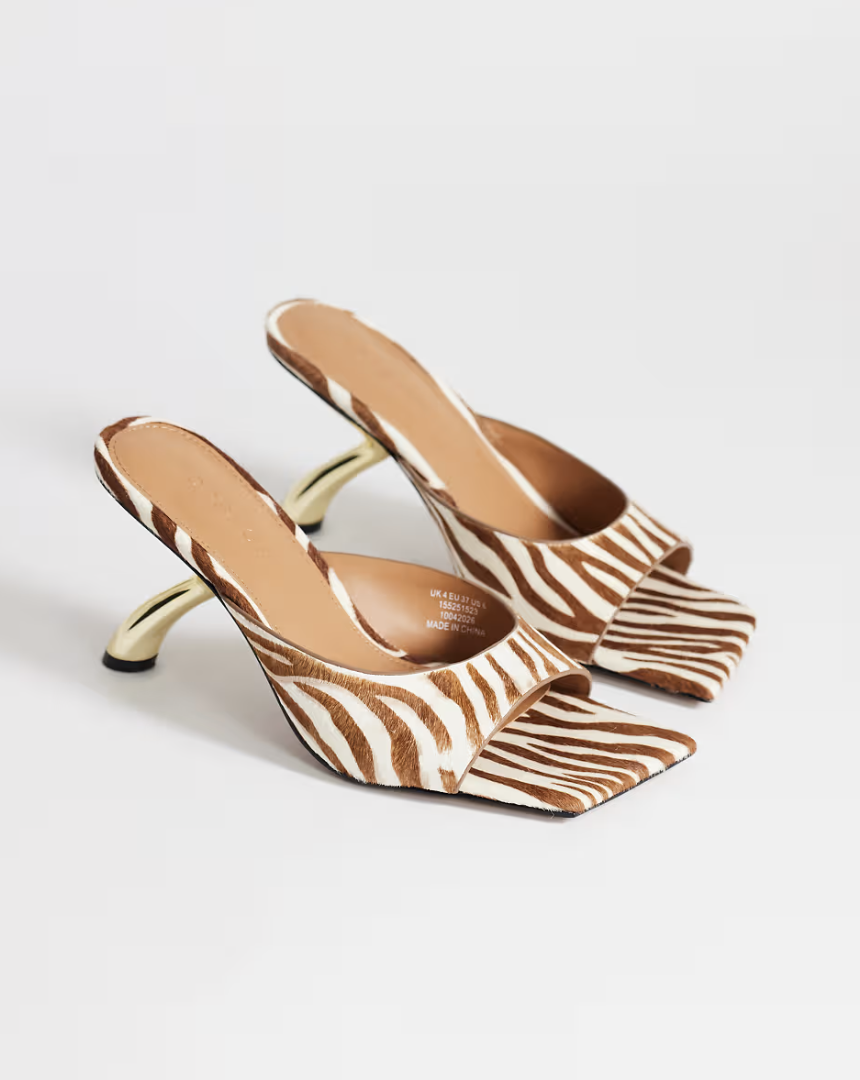 Nicole angular mid heel mule in zebra print hair on real leather
