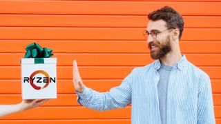 A stock photo of a man saying 'no thank you' to a gift box bearing the AMD Ryzen logo.