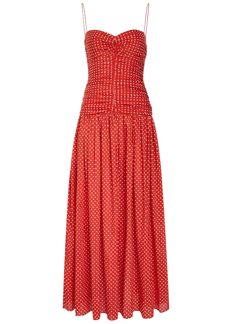 Polka Dot Gathered Cotton-Blend Midi Dress