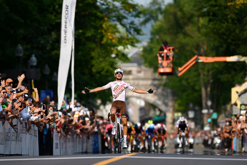 QUEBEC CITY QUEBEC SEPTEMBER 09 Benoit Cosnefroy of France and Ag2R Citroen Team celebrates winning during the 11th Grand Prix Cycliste de Qubec 2022 a 2016km one day race from Quebec to Quebec GPCQM on September 09 2022 in Quebec City Quebec Photo by Dario BelingheriGetty Images