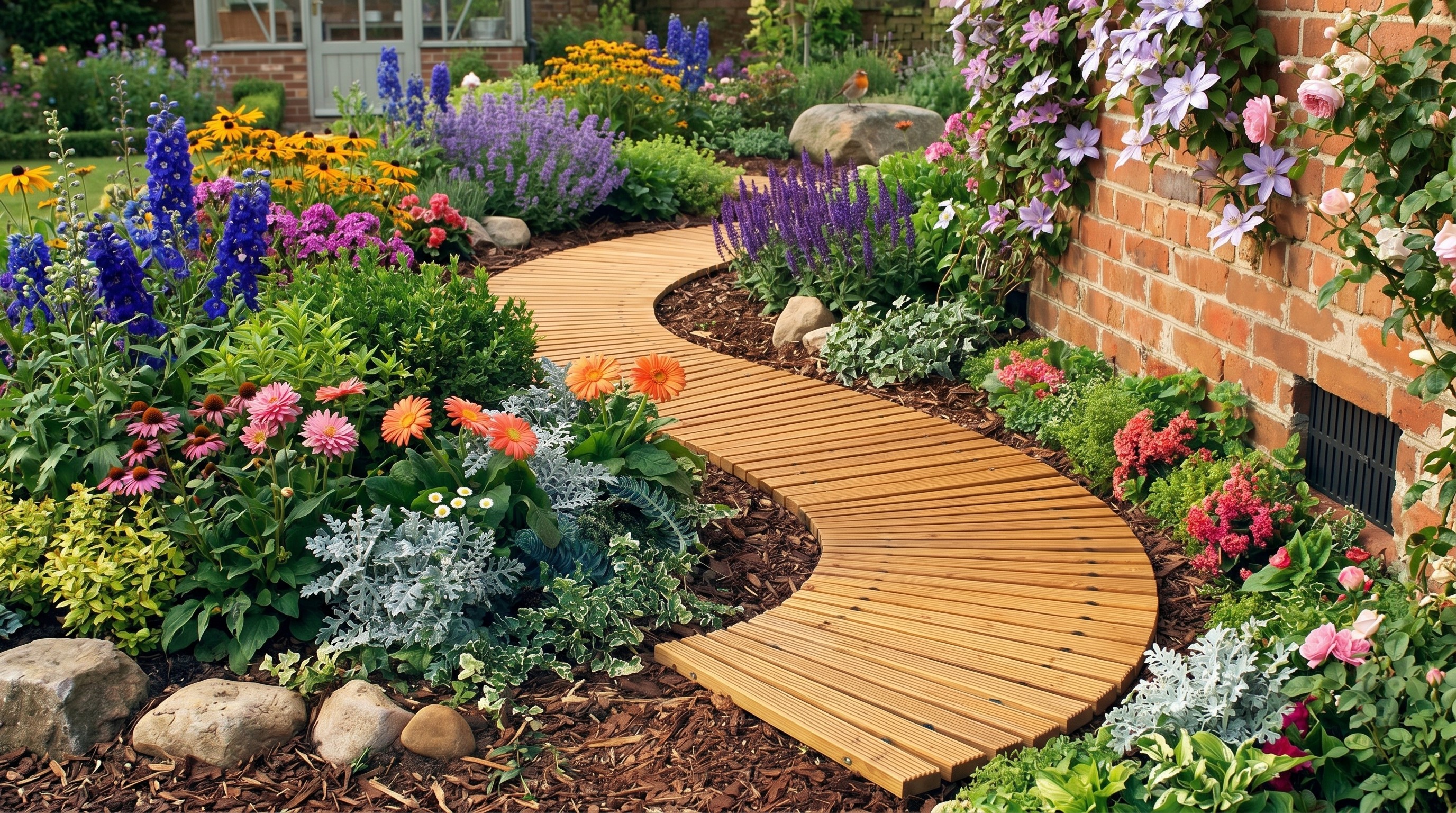 Roll out wood path in yard