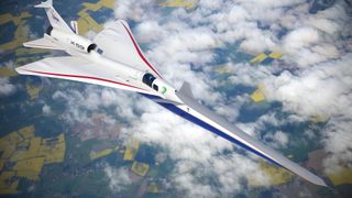an elongated jet with a sharp duck-bill-like nose flies through clouds