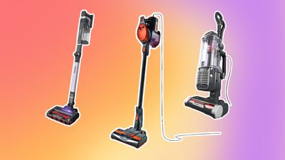 Prime Day Shark deals are worth snapping up. Here are three of these vacuums - a silver and purple cordless, a black and orange corded stick vacuum, and a black and silver upright vacuum, on a red and orange background