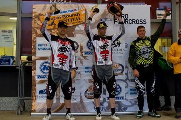 Elite men's podium at the Euro Four Cross series in Leogang, Austria