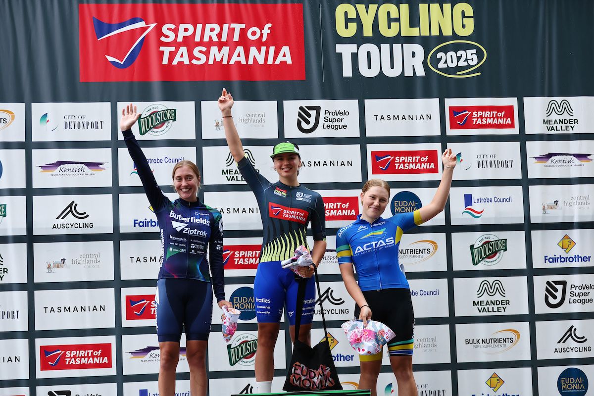 Women's GC podium on stage 4 of the Tour of Tasmania 2025, with Sophie Marr (Praties) in first, Alli Anderson (Butterfields Ziptrak) in second and stage 4 winner Lauren Bates in third overall