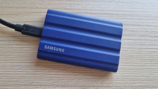 Samsung T7 Shield SSD on a desk