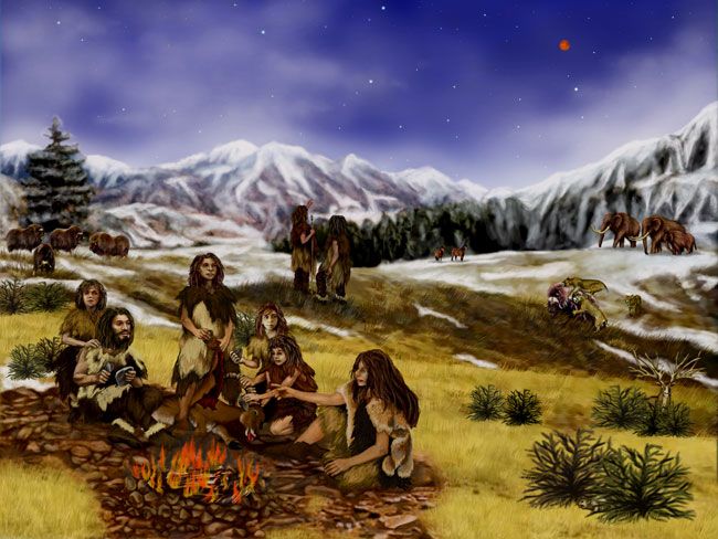 an illustration of a Neanderthal family