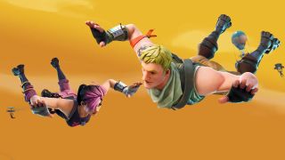An illustration of Fortnite: Battle Royale characters diving into battle.