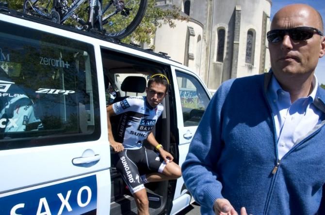 Bjarne Riis and Saxo Bank team captain Alberto Contador one day prior to the start of the 2011 Tour de France