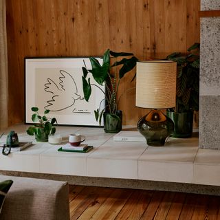 Concrete low level shelf in front of a wooden wall with statement table lamp