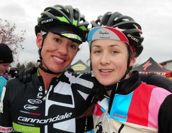 Nicole Duke and Julie Krasniak congratulate each other at the end of the race