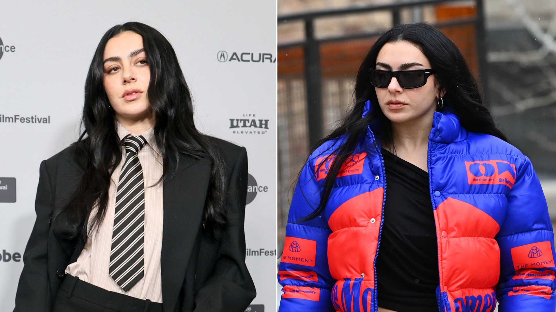 Charli XCX attending Sundance Film Festival wearing Saint Laurent, a puffer jacket, jeans, and Ugg boots