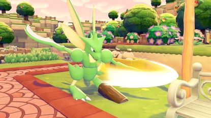 A Scyther chops of logs to make lumber in Pokopia
