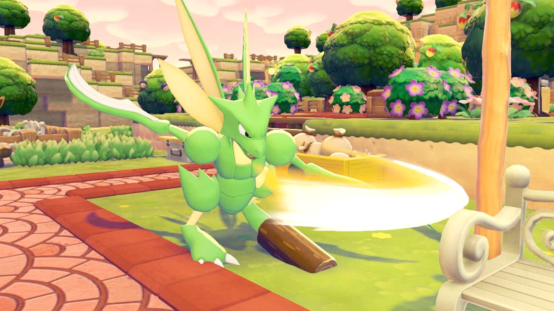 A Scyther chops of logs to make lumber in Pokopia