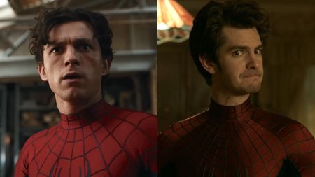 Peter Parker (Tom Holland) looks ahead in Spider-Man: Brand New Day, while Peter Parker (Andrew Garfield) looks confused in Spider-Man: No Way Home.