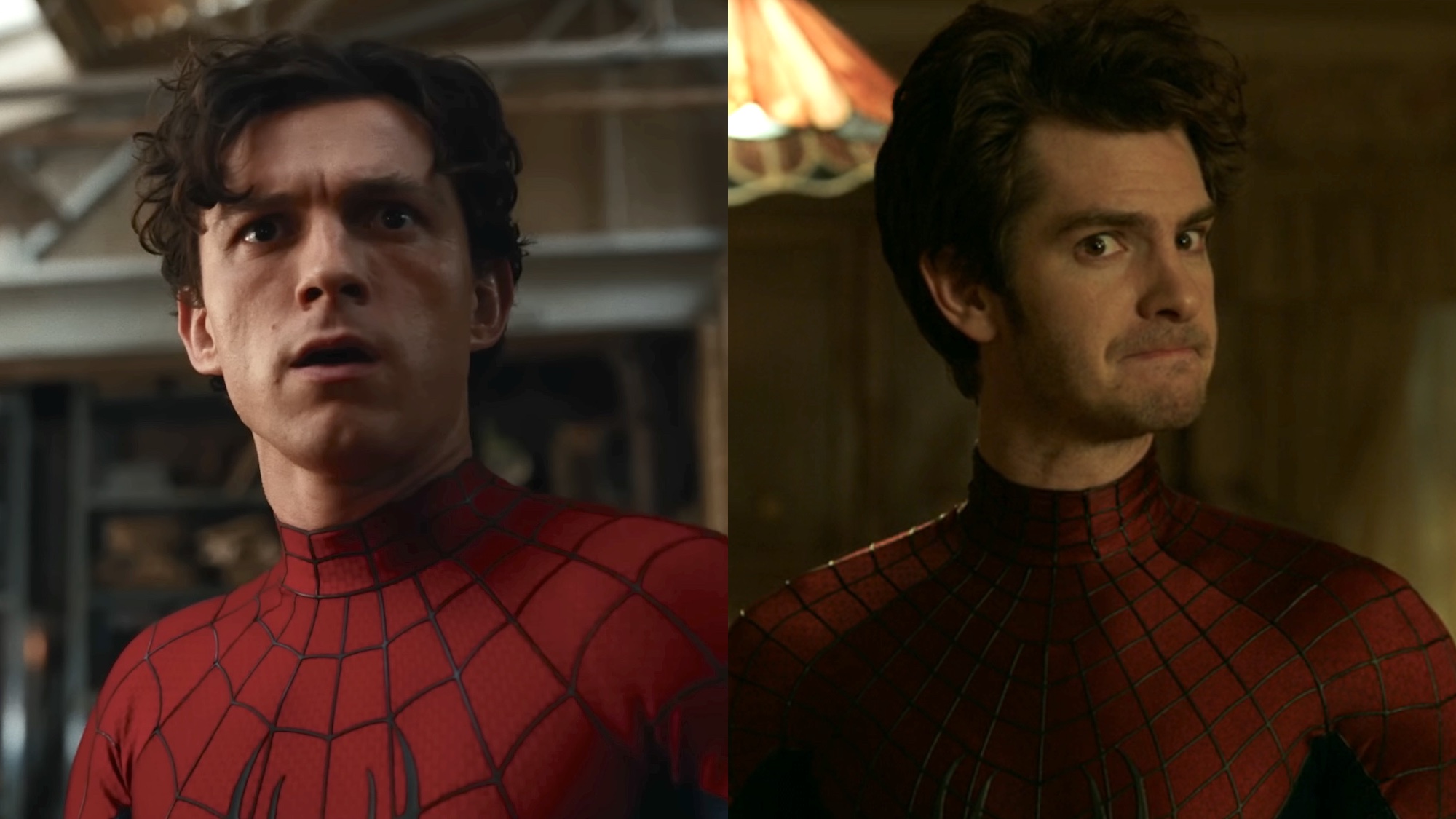 Peter Parker (Tom Holland) looks ahead in Spider-Man: Brand New Day, while Peter Parker (Andrew Garfield) looks confused in Spider-Man: No Way Home.