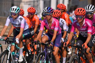 Mikayla Harvey, Katarzyna Niewiadoma and Marianne Vos in the best young rider, overall and points jerseys in the 2020 Giro Donne