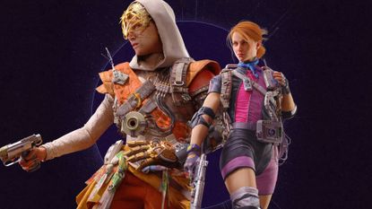 Arc Raiders Riven Tides key art shows two characters, one in an orange, hooded outfit, and the other in a pink and gray one.