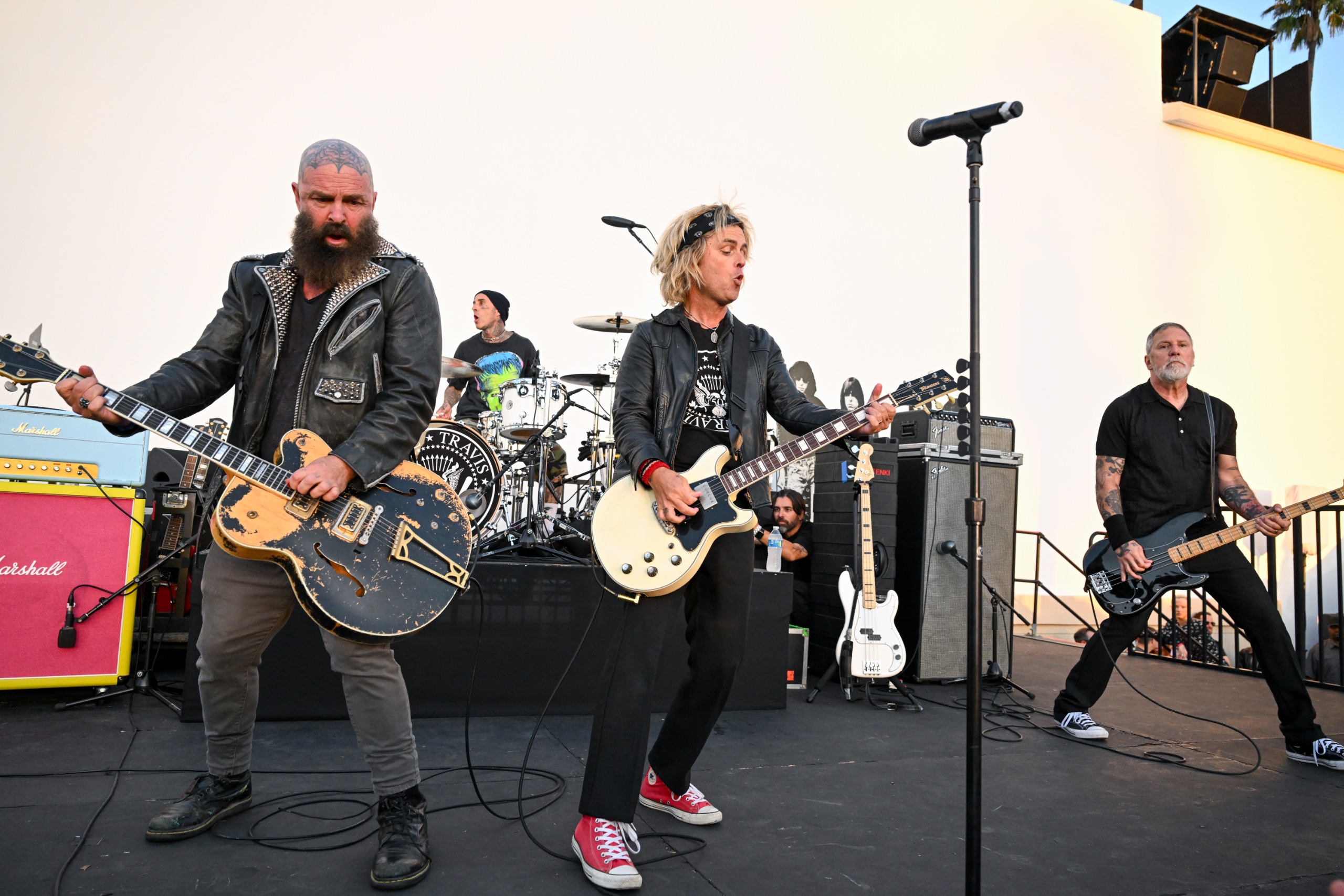 Tim Armstrong, Travis Barker, Billie Joe Armstrong and C. J. Ramone perform onstage at The Official Ramones 50th Anniversary Tribute held at Hollywood Forever Cemetery on August 30, 2026