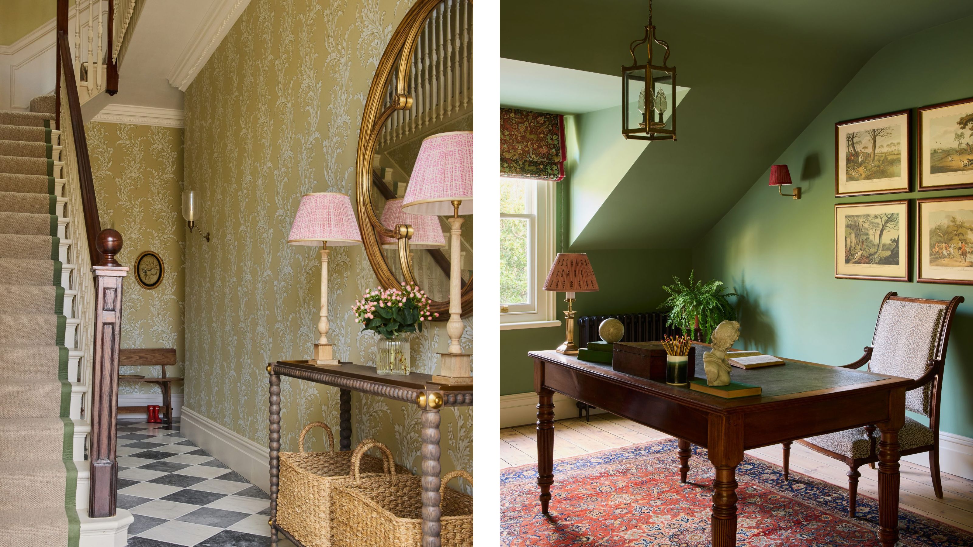 Split view: left shows a hallway with yellow floral wallpaper, a staircase, and console table with pink lamps; right shows a green office with a wooden desk and patterned area rug.