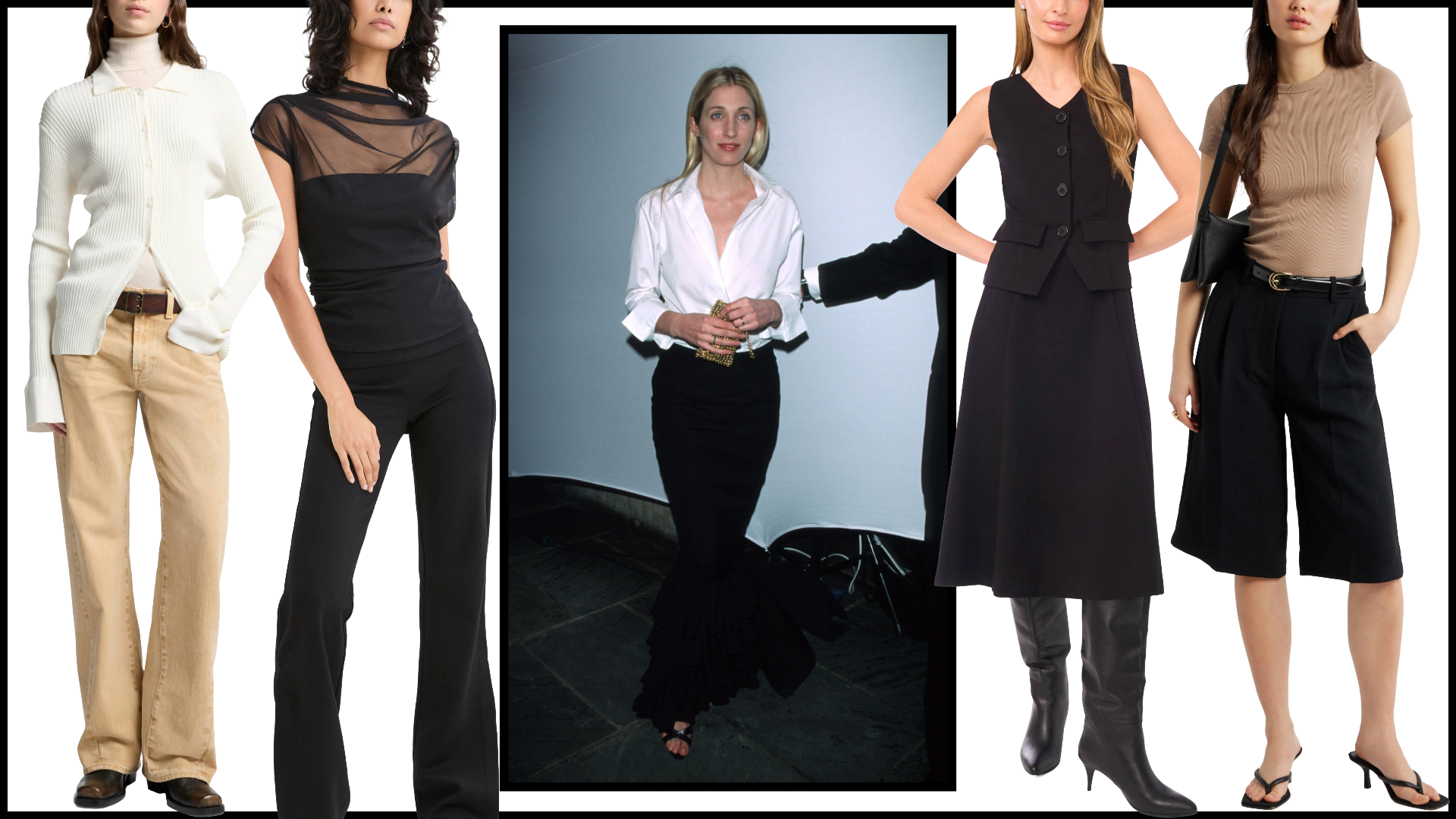 collage of Carolyn Bessette Kennedy at the Annual Fundraising Gala March 9, 1999 at the Whitney Museum of American Art in New York City with minimalist nordstrom clothing on models with black borders on white background